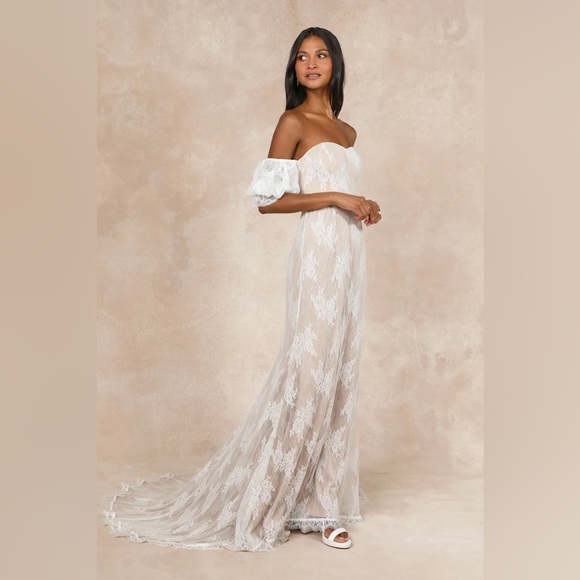 Loving Beauty White Lace Puff Sleeve Off-the-Shoulder Maxi Dress - Picture 3 of 7